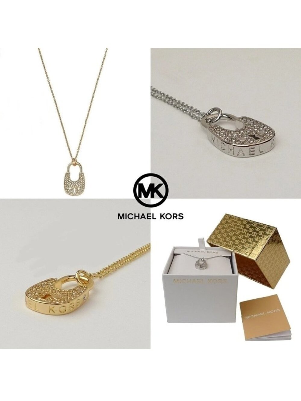 NWB Michael Kors MK Crystals Pave Padlock Charm Pendant Necklace